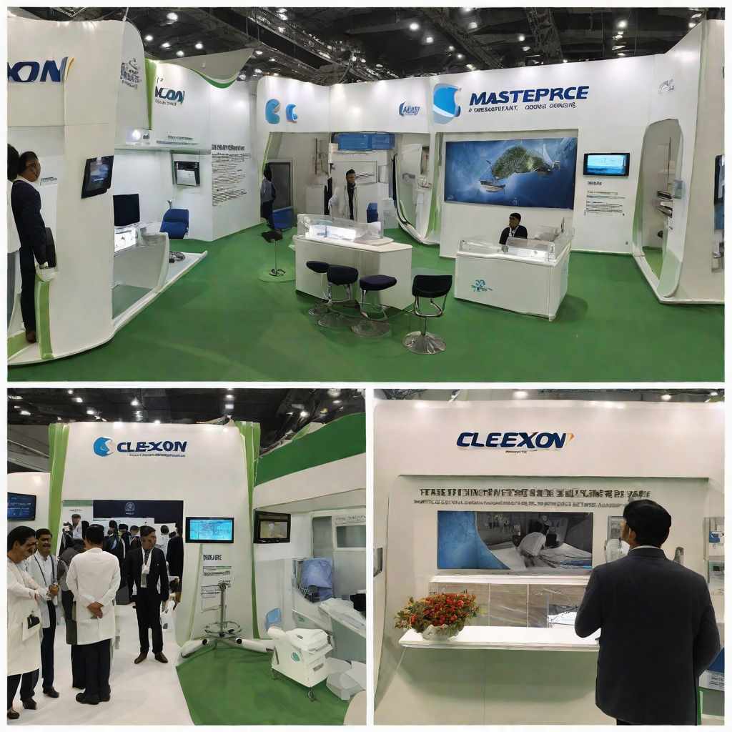  masterpiece, best quality, Clexon Surgical company exhibition stall at international expo with visitors