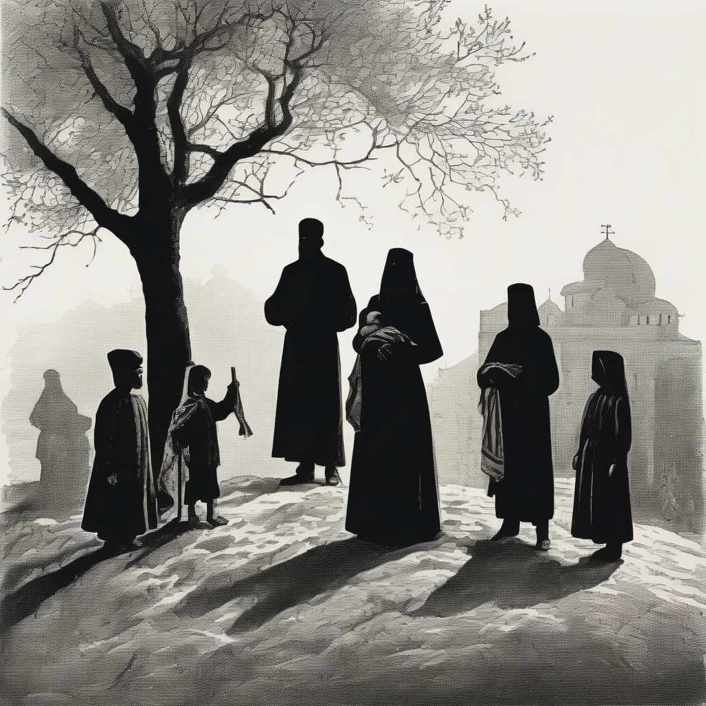  silhouettes of the family, the end of the 19th century: the father in the simple clothes of an Orthodox priest with a cross, with his head uncovered, the mother in a simple long dress in a scarf, two children without a headdress. everyone is facing us, on a white background