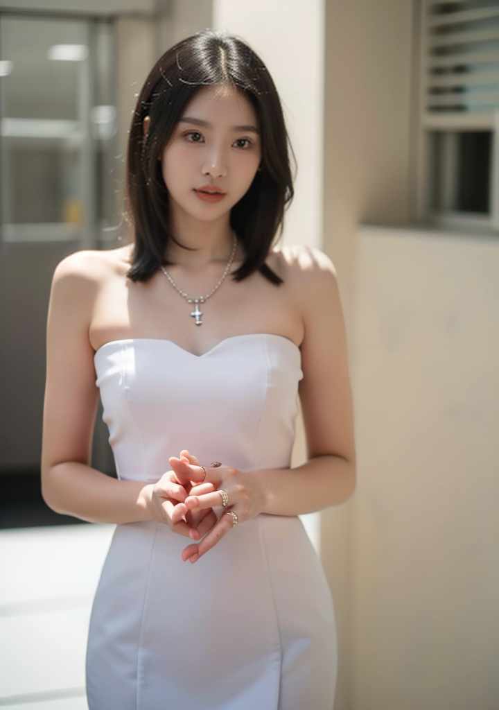  ((Thai woman, age 25, long black hair, beautiful hands, presenting products, wearing a diamond necklace, diamond ring, wearing a white strapless dress.)),(Thai Nurse,Nurse,WHITE DRESS), beautiful, high quality,masterpiece,extremely detailed,high res,4k,ultra high res,detailed shadow,ultra realistic,dramatic lighting,bright light