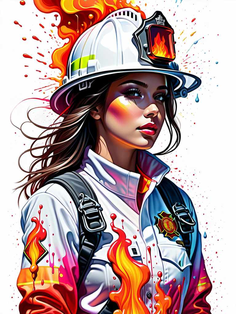  dreamscape t-shirt print design, girl, Impactful composition, dripping neon heat splash paint across the shape of a girl fireman,, realistic , high detail, white background. body shoot . surreal, ethereal, dreamy, mysterious, fantasy, highly detailed