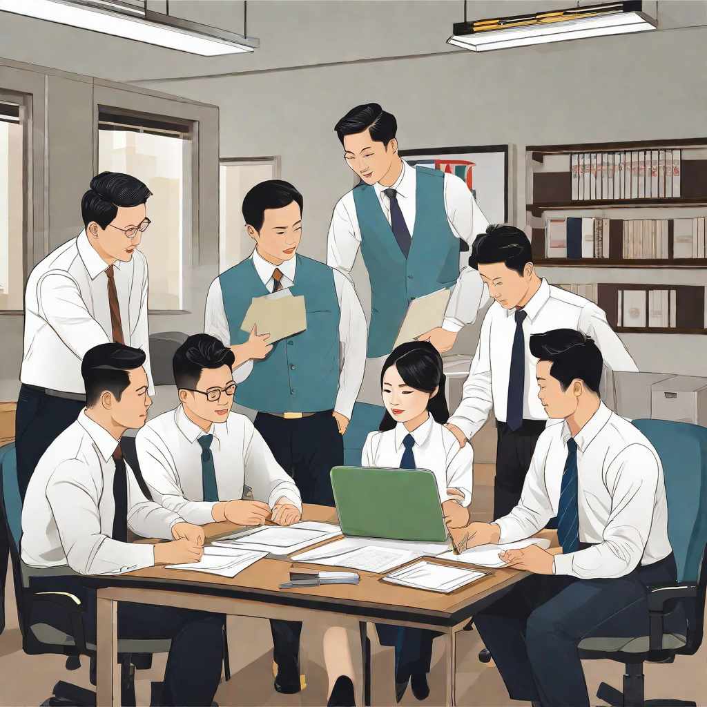  Masterpiece, best quality, a group of Chinese white-collar workers, in the office, holding a project summary meeting