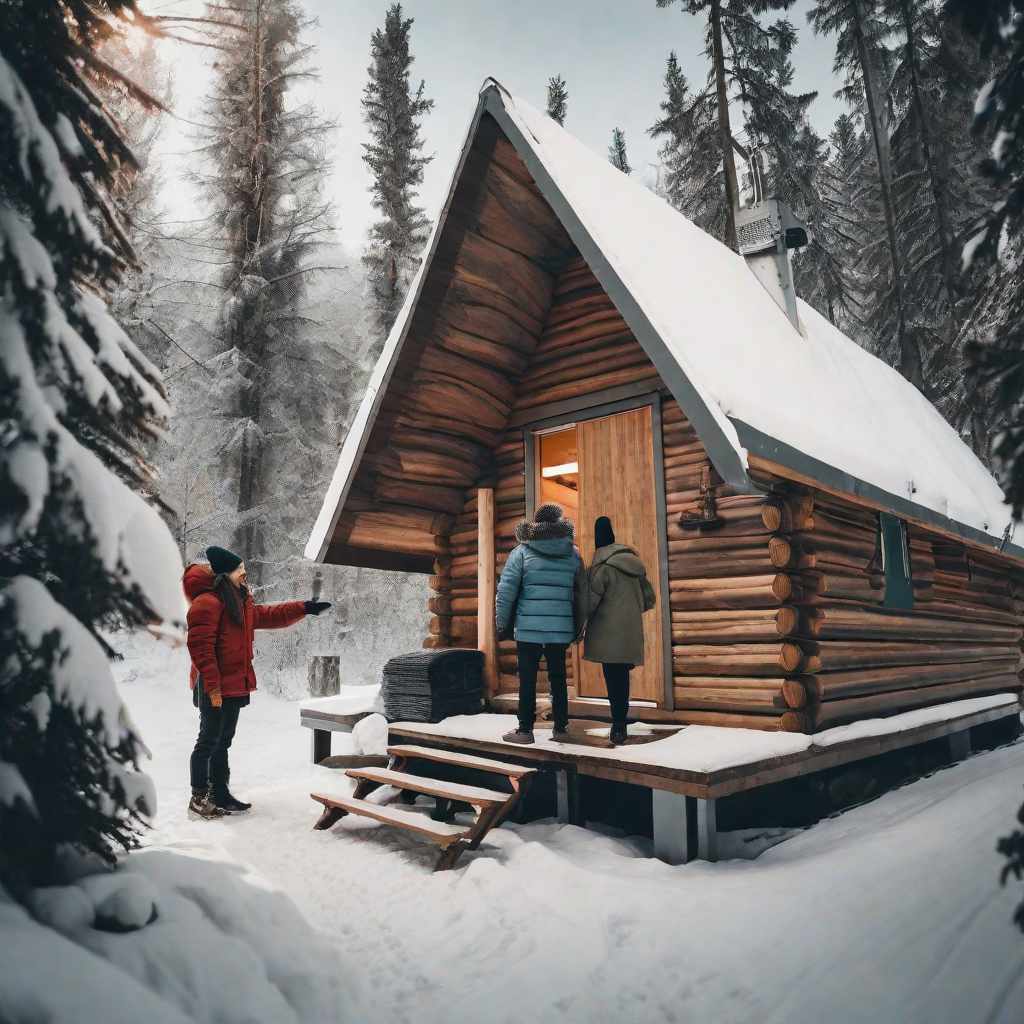  two good friends travelling together stay in a cabin in winter