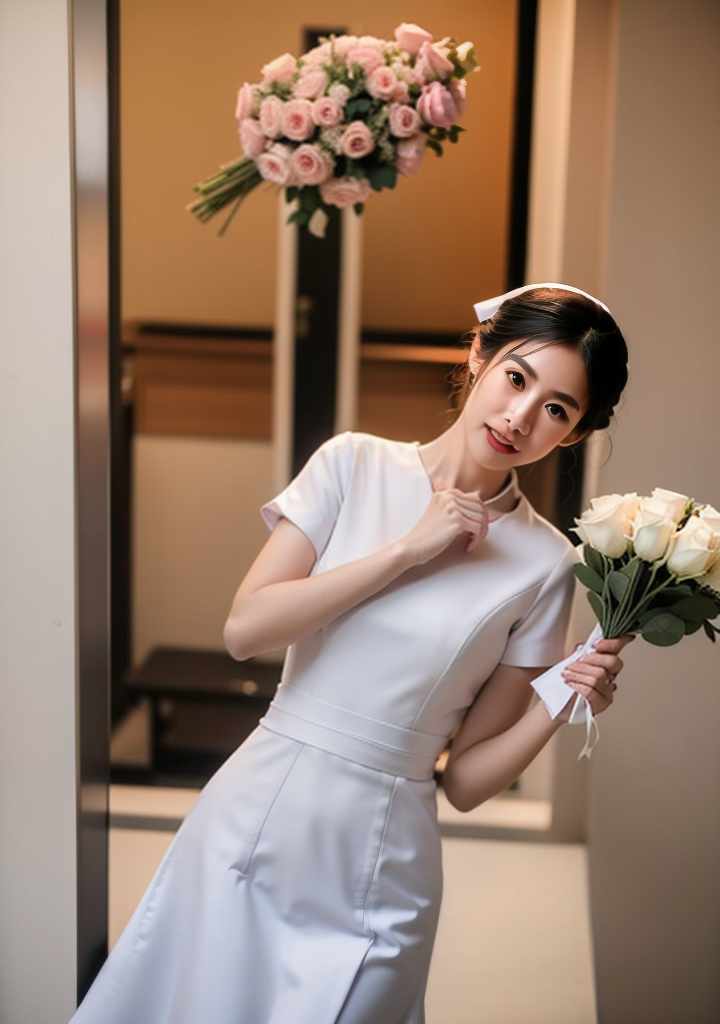  ((Thai woman, age 25, wearing a wedding dress, black hair, white skin, 165 cm tall, thin, holding a bouquet of roses.)),(Thai Nurse,Nurse,WHITE DRESS), beautiful, high quality,masterpiece,extremely detailed,high res,4k,ultra high res,detailed shadow,ultra realistic,dramatic lighting,bright light