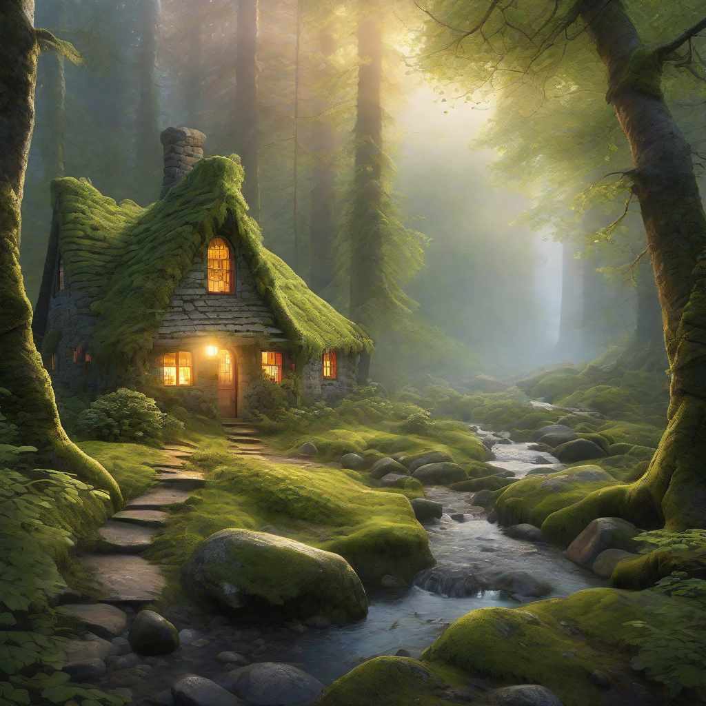  masterpiece, best quality, A magical forest at dawn, with towering trees, moss-covered rocks, and a stream running through it. The air is misty, and the sunlight filters through the trees, creating a mystical atmosphere. In the distance, you can see a small cottage nestled among the trees.