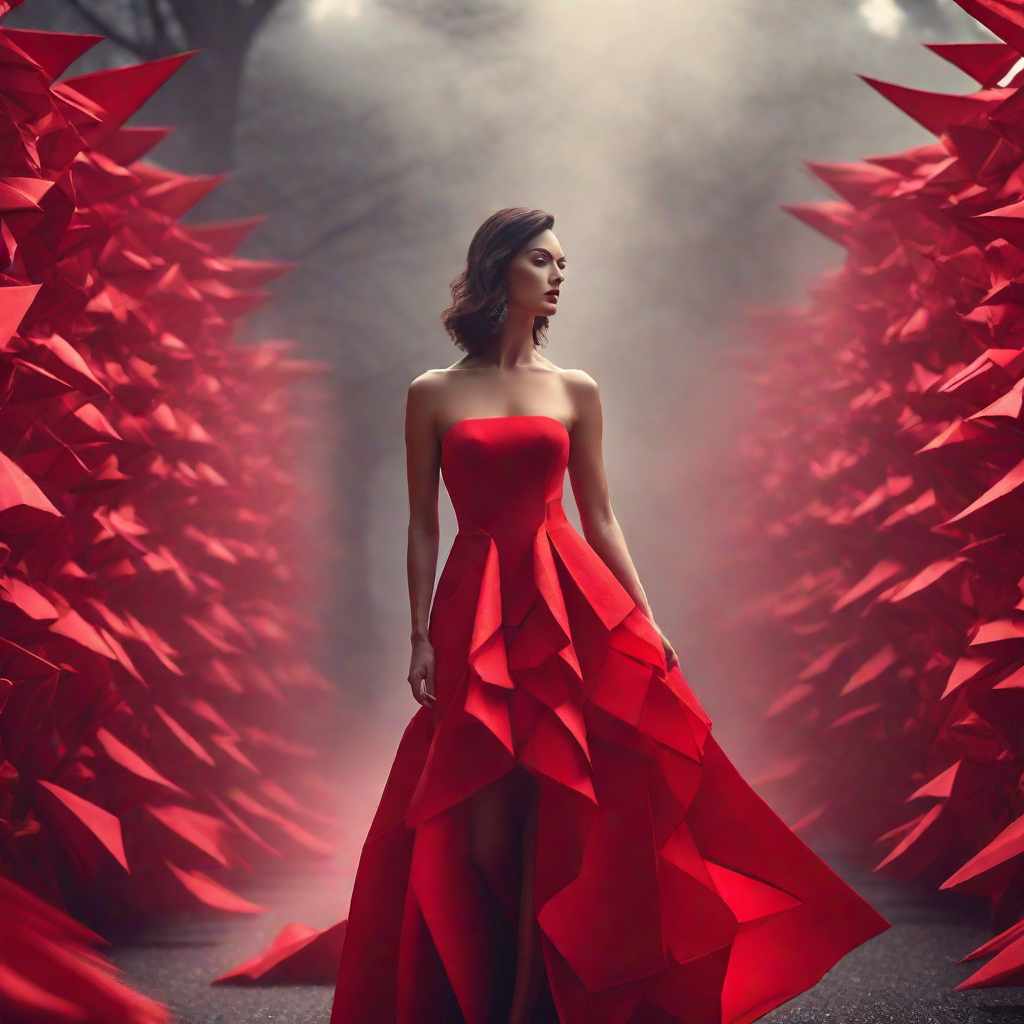  short red dress woman, origami hyperrealistic, full body, detailed clothing, highly detailed, cinematic lighting, stunningly beautiful, intricate, sharp focus, f/1. 8, 85mm, (centered image composition), (professionally color graded), ((bright soft diffused light)), volumetric fog, trending on instagram, trending on tumblr, HDR 4K, 8K