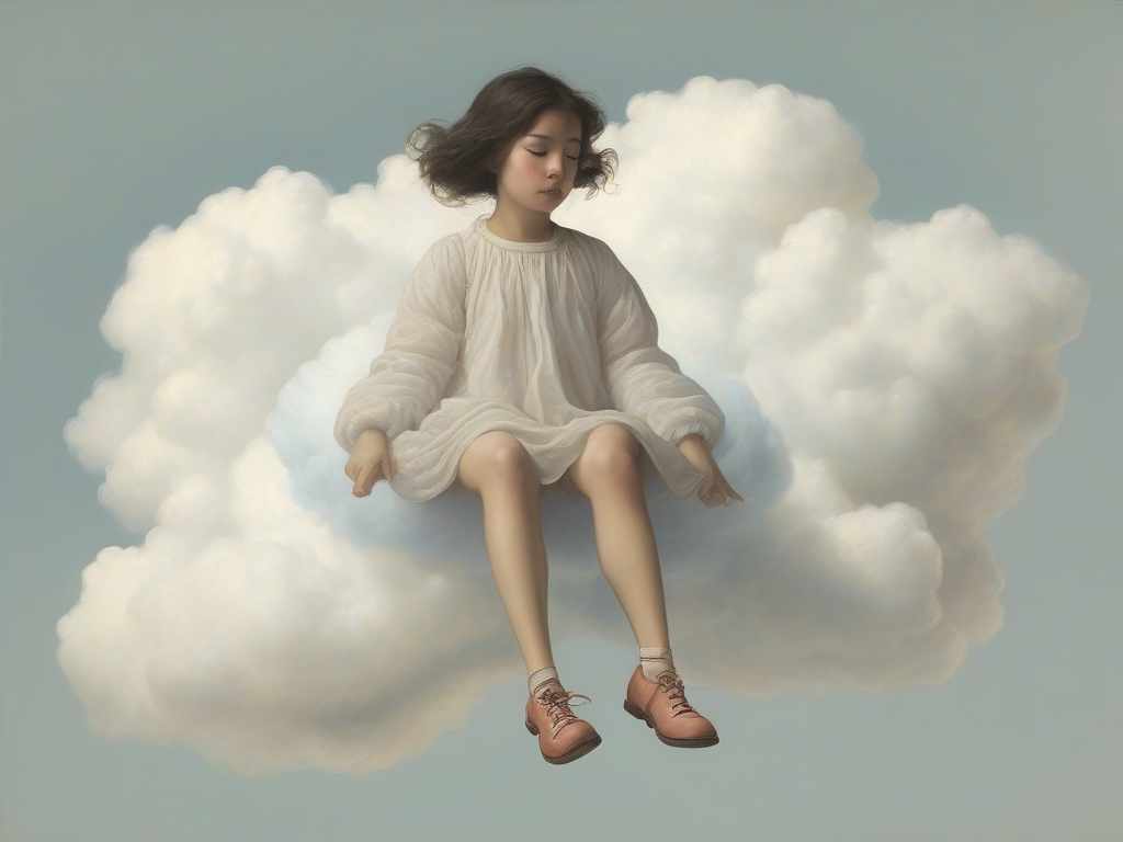  a girl sitting on a cloud, dangling her down from the cloud, one hand is taken to the side, the other lies on the knee, view from the front