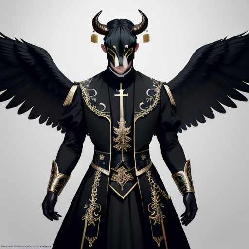  Angel wearing a bull mask, male, six wings, full body, front, wearing black chasuble hyperrealistic, full body, detailed clothing, highly detailed, cinematic lighting, stunningly beautiful, intricate, sharp focus, f/1. 8, 85mm, (centered image composition), (professionally color graded), ((bright soft diffused light)), volumetric fog, trending on instagram, trending on tumblr, HDR 4K, 8K