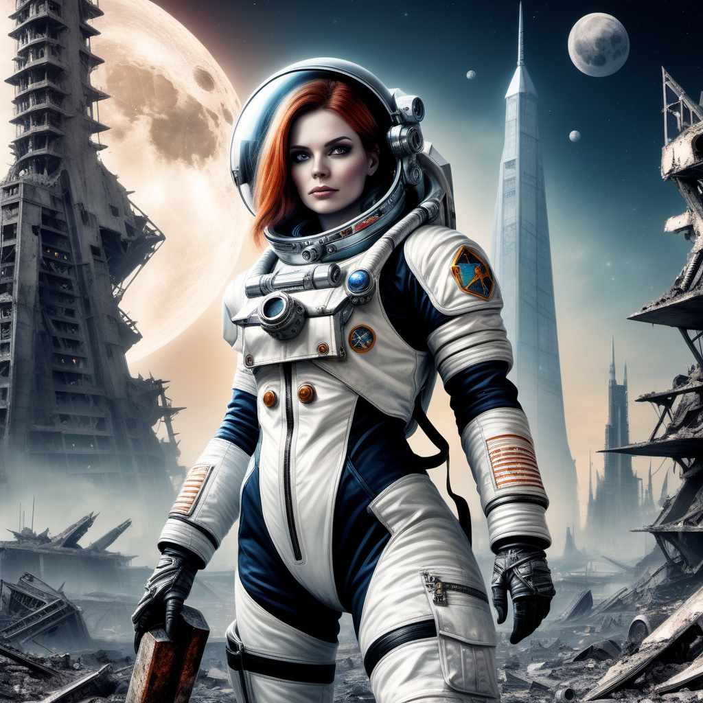  woman in spacesuit of cosmonaut in universe of warhammer 40000. holding hammer in hand. on ruins of future city. in background is shard of burning moon and battle spaceship.