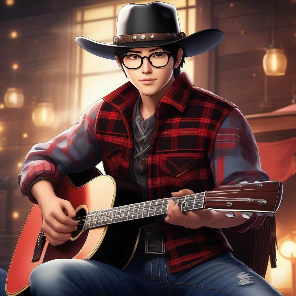  A young Japanese fantasy cowboy with short spiky dark hair and glasses wearing a long sleeved red plaid cowboy shirt, a vest, jeans with a belt, cowboy boots, and a cowboy hat playing an acoustic guitar., ((masterpiece)), best quality, very detailed, high resolution, sharp, sharp image, extremely detailed, 4k, 8k