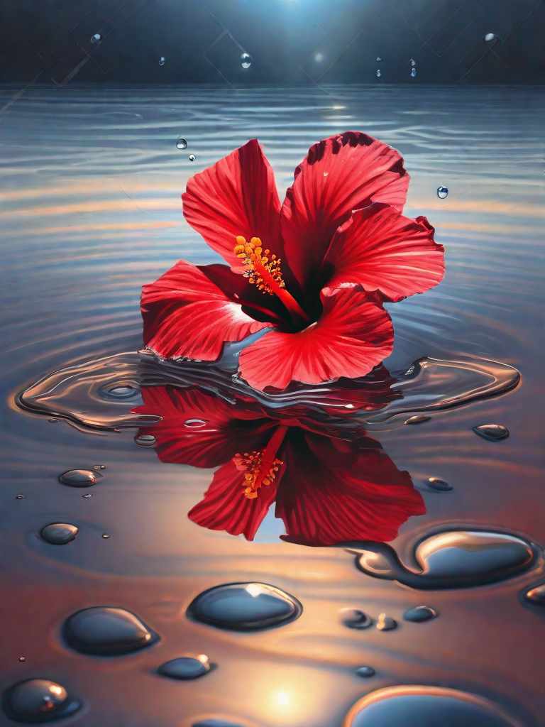  a red hibiscus flower lies in a puddle and is reflected on its surface, the sky around is blue, drops flow down the petals of the flower, detailed drawing, macro focus, realistic image, hyperrealism. soft solar magical lighting, bright rich colors hyperrealistic, full body, detailed clothing, highly detailed, cinematic lighting, stunningly beautiful, intricate, sharp focus, f/1. 8, 85mm, (centered image composition), (professionally color graded), ((bright soft diffused light)), volumetric fog, trending on instagram, trending on tumblr, HDR 4K, 8K
