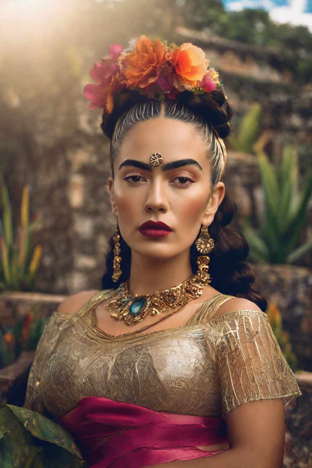  [a professional photo of [(frida kahlo:0.98)::],(half body),(in chichén itzá,mexico) wearing mesh luxury,extremely big v-collar,hourglass figure,long coloured hair,lots of skin,(hyperrealistic),(smoke),(bokeh),8k,50mm portrait photography, hard rim lighting photography–beta –ar 2:3 –beta –upbeta –upbeta