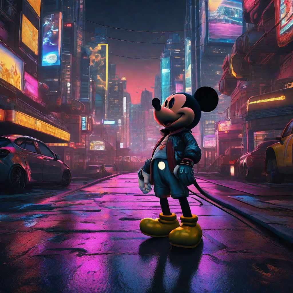 masterpiece, best quality, Best quality, masterpiece, 8k resolution, realistic, highly detailed,   close up of Micky Mouse. In a cyberpunk-style night scene of the city, he stands on a street lined with tall buildings. The city's night lights are bright, The surrounding buildings and streets are filled with cyberpunk elements such as neon lights, high-tech devices, and futuristic architectural designs.