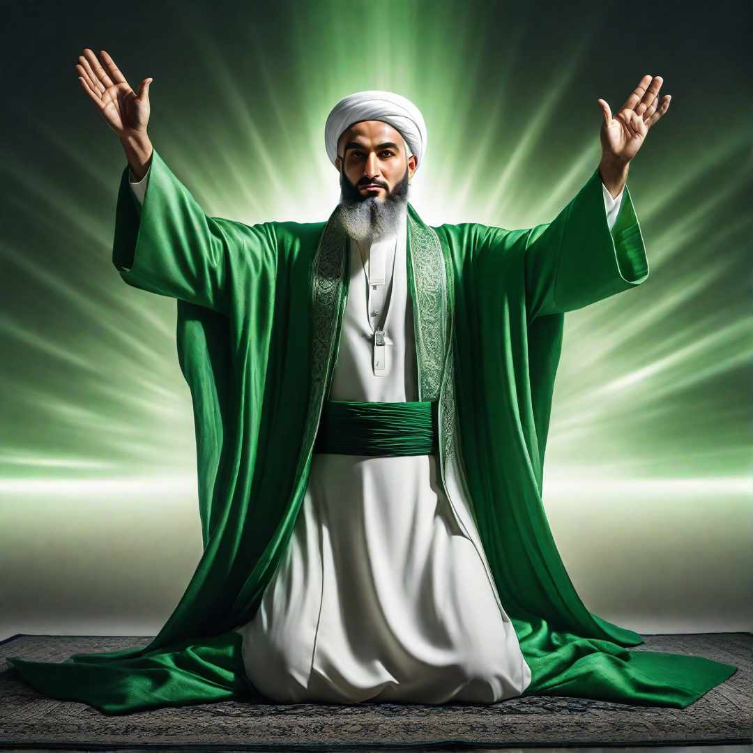  Imam Mahdi from the front and large, raising his hands, face filled with light, clothes green and white, the Imam is at the top and the earth is below him hyperrealistic, full body, detailed clothing, highly detailed, cinematic lighting, stunningly beautiful, intricate, sharp focus, f/1. 8, 85mm, (centered image composition), (professionally color graded), ((bright soft diffused light)), volumetric fog, trending on instagram, trending on tumblr, HDR 4K, 8K