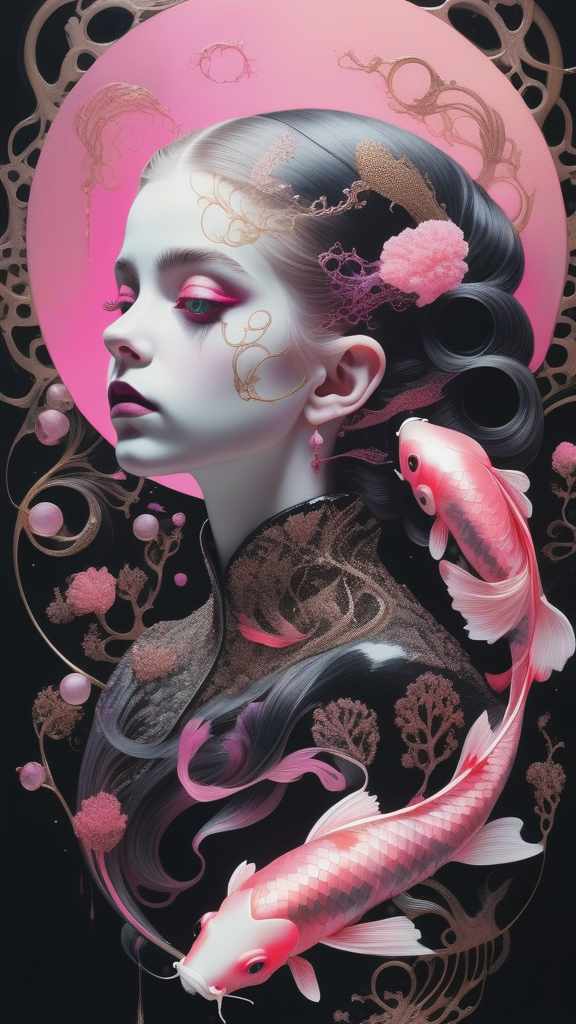  photo RAW, (Black, neon pink and magenta : Portrait of 2 ghostly long tailed black koi, woman, shiny aura, highly detailed, black pearls, gold and coral filigree, intricate motifs, organic tracery, Kiernan Shipka, Januz Miralles, Hikari Shimoda, glowing stardust by W. Zelmer, perfect composition, smooth, sharp focus, sparkling particles, lively coral reef colored background Realistic, realism, hd, 35mm photograph, 8k), masterpiece, award winning photography, natural light, perfect composition, high detail, hyper realistic hyperrealistic, full body, detailed clothing, highly detailed, cinematic lighting, stunningly beautiful, intricate, sharp focus, f/1. 8, 85mm, (centered image composition), (professionally color graded), ((bright soft diffused light)), volumetric fog, trending on instagram, trending on tumblr, HDR 4K, 8K