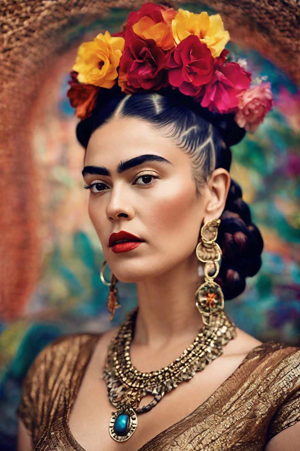  [a professional photo of [(frida kahlo:0.98)::],(half body),(in chichén itzá,mexico) wearing mesh luxury,extremely big v-collar,hourglass figure,long coloured hair,lots of skin,(hyperrealistic),(smoke),(bokeh),8k,50mm portrait photography, hard rim lighting photography–beta –ar 2:3 –beta –upbeta –upbeta