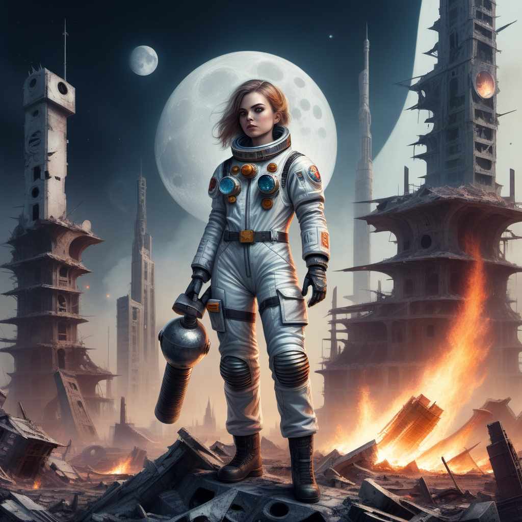 A girl in a cosmonaut suit holding a hammer stands on the ruins of a future city. Behind her is a fragment of a burning moon and a spaceship used for war. The style is inspired by Warhammer 40k.