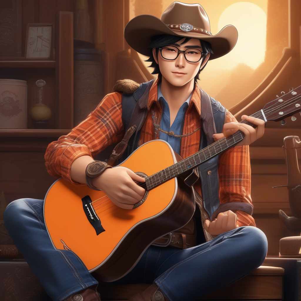  A young Japanese fantasy cowboy with short spiky dark hair and glasses wearing a long sleeved orange plaid cowboy shirt, a vest, jeans with a belt, cowboy boots, and a cowboy hat playing an acoustic guitar., ((masterpiece)), best quality, very detailed, high resolution, sharp, sharp image, extremely detailed, 4k, 8k