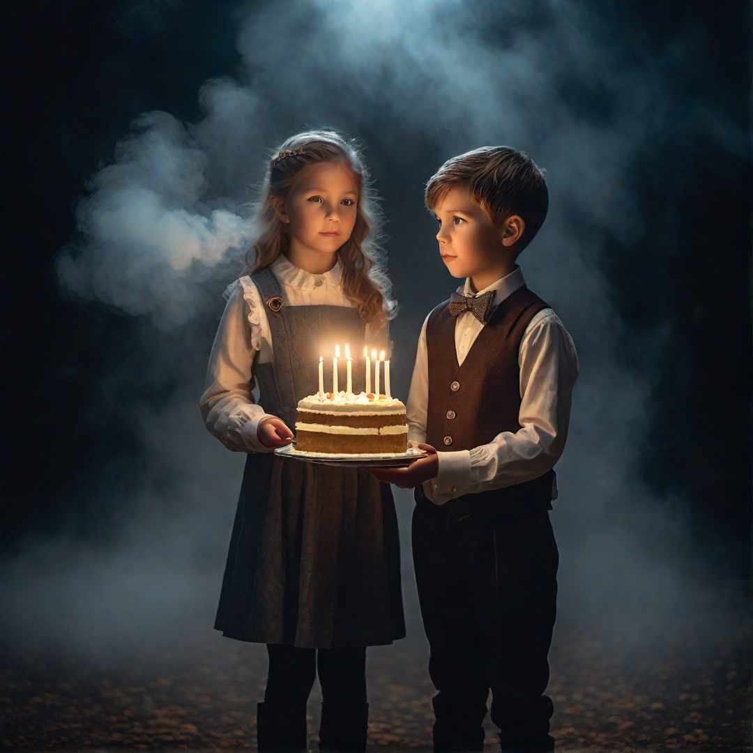  A girl and a boy, both children holding a cake with a candle hyperrealistic, full body, detailed clothing, highly detailed, cinematic lighting, stunningly beautiful, intricate, sharp focus, f/1. 8, 85mm, (centered image composition), (professionally color graded), ((bright soft diffused light)), volumetric fog, trending on instagram, trending on tumblr, HDR 4K, 8K