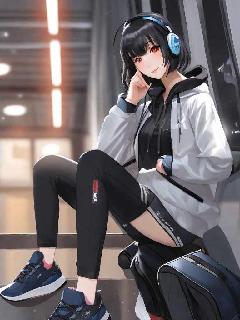  masterpiece, best quality, (masterpiece,best quality,full body,prefect face,female,girl,solo,dark_persona,light smile,medium hair,black hair,bangs,(halo:1.3),(make up:0.2),gym_uniform,sneakers,arms behind back,looking at phone,look at viewer,sitting,lie,in summer,sunset,on the beach,illustration,(beach towel:0.6))