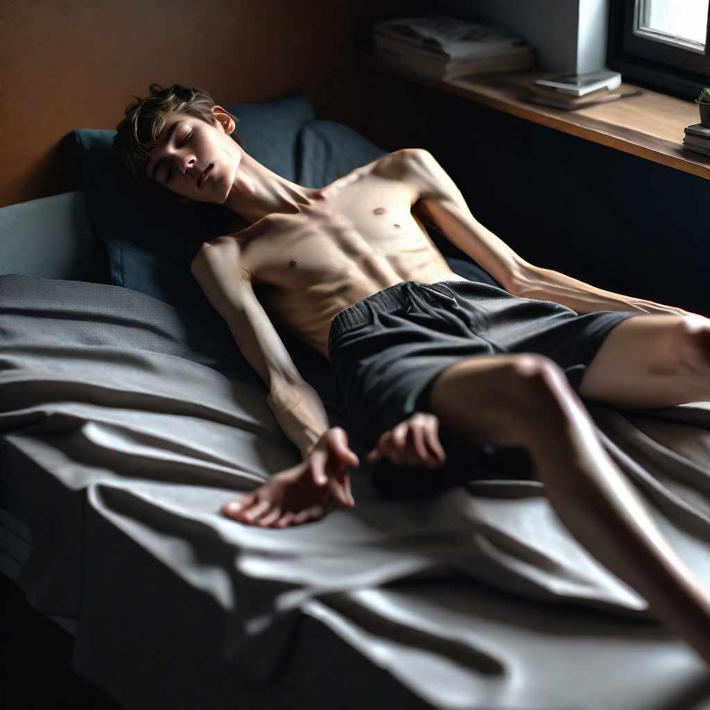  ultra realistic photo from above of a super skinny emaciated anorexic 16 years old male, completely muscleless and fatless and powerless, very concave, relaxing in his untidy room, hyperrealism, sharp focus, 8k hyperrealistic, full body, detailed clothing, highly detailed, cinematic lighting, stunningly beautiful, intricate, sharp focus, f/1. 8, 85mm, (centered image composition), (professionally color graded), ((bright soft diffused light)), volumetric fog, trending on instagram, trending on tumblr, HDR 4K, 8K