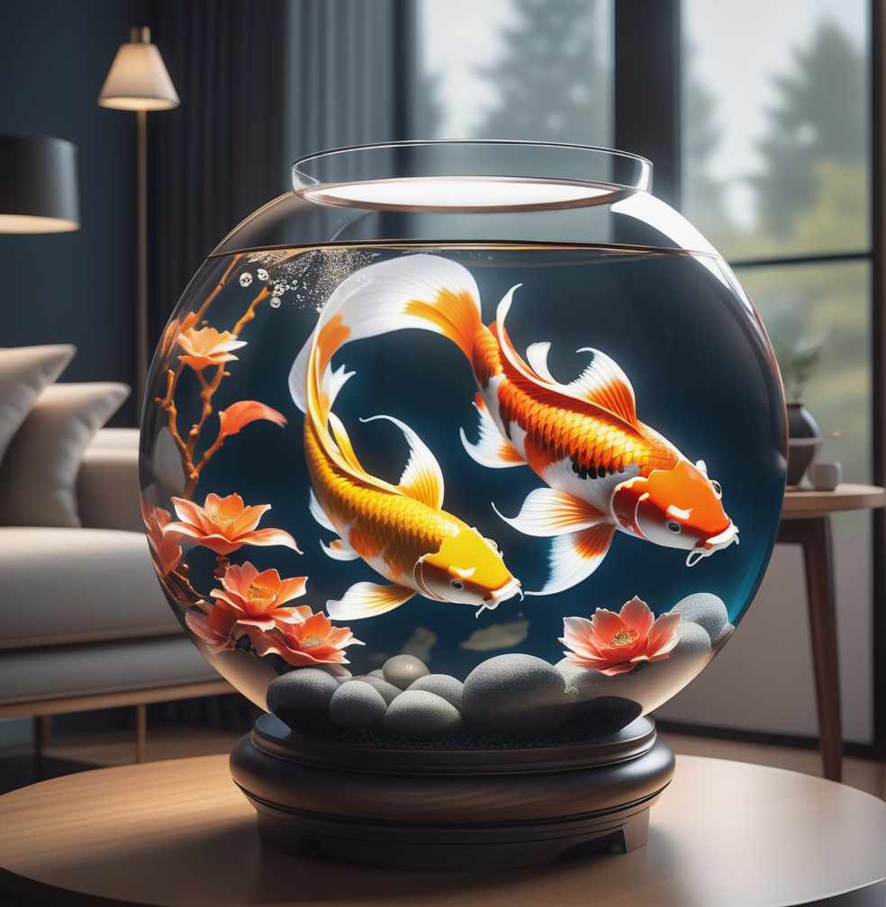  cartoon version of majestic koi carp alone in a fishbowl on a coffee table hyperrealistic, full body, detailed clothing, highly detailed, cinematic lighting, stunningly beautiful, intricate, sharp focus, f/1. 8, 85mm, (centered image composition), (professionally color graded), ((bright soft diffused light)), volumetric fog, trending on instagram, trending on tumblr, HDR 4K, 8K