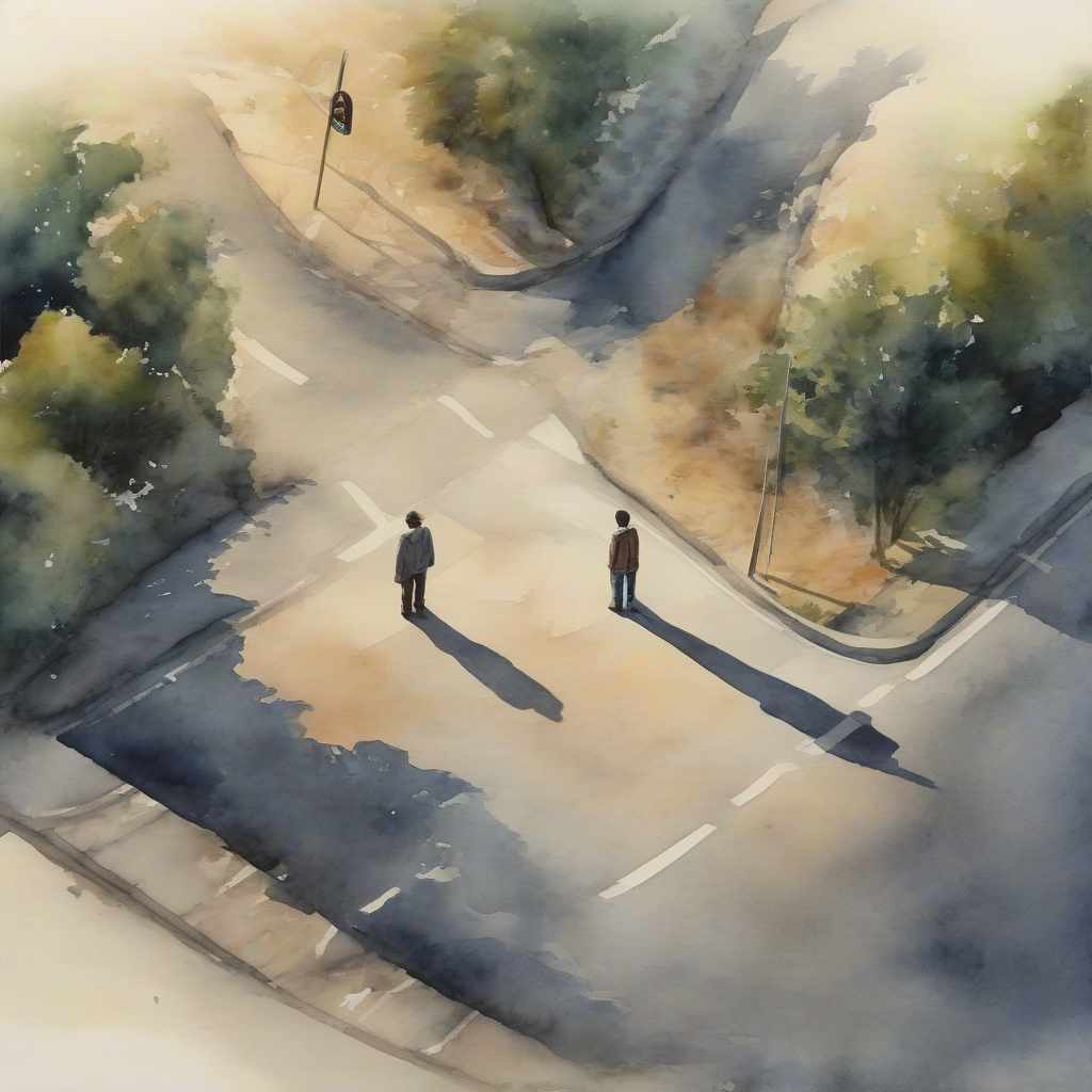  A person stands at the intersection of two roads with 50% oil and 50% watercolour.