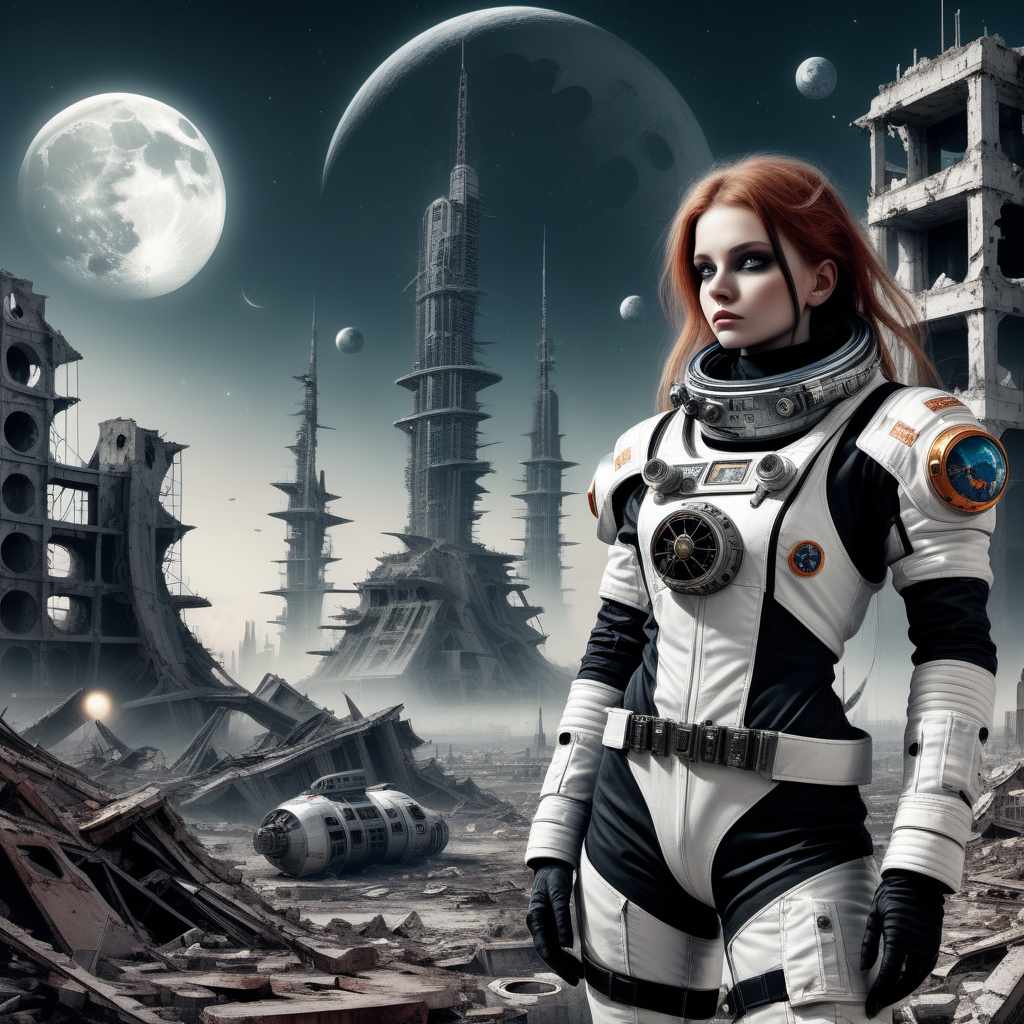  Girl in cosmonaut suit on ruins of future city. Behind it, a broken moon and battlecruiser. Warhammer 40k style.