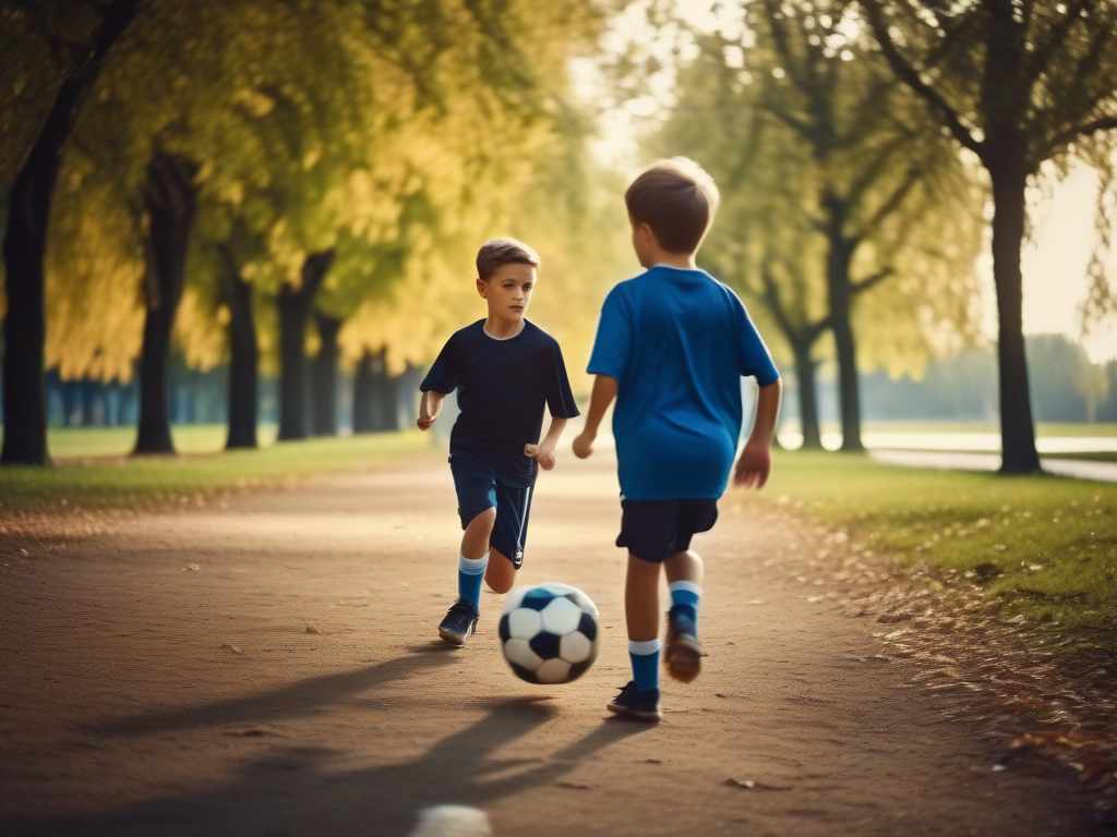  cinematic film still two beautiful boys kicking a soccer ball in the park, royal photo, photorealistic, bright beautiful photo . shallow depth of field, vignette, highly detailed, high budget, bokeh, cinemascope, moody, epic, gorgeous, film grain, grainy