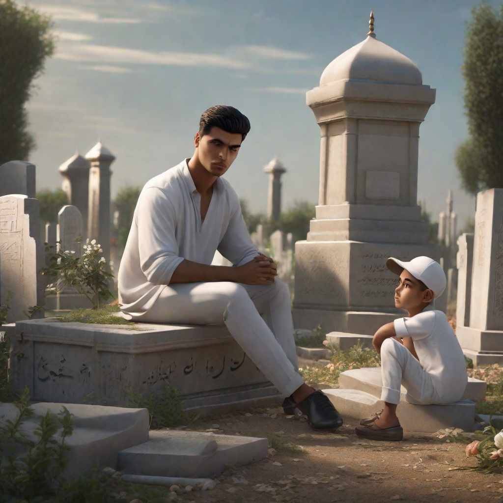  In the Muslim cemetery, there is a grave with Abdullah Ayaz written on its tombstone, and the boy sitting next to him, who is his best boyfriend, is wearing a white t-shirt, and on the t-shirt it says Another Love., hyperrealistic, full body, detailed clothing, highly detailed, cinematic lighting, stunningly beautiful, intricate, sharp focus, f/1. 8, 85mm, (centered image composition), (professionally color graded), ((bright soft diffused light)), volumetric fog, trending on instagram, trending on tumblr, HDR 4K, 8K