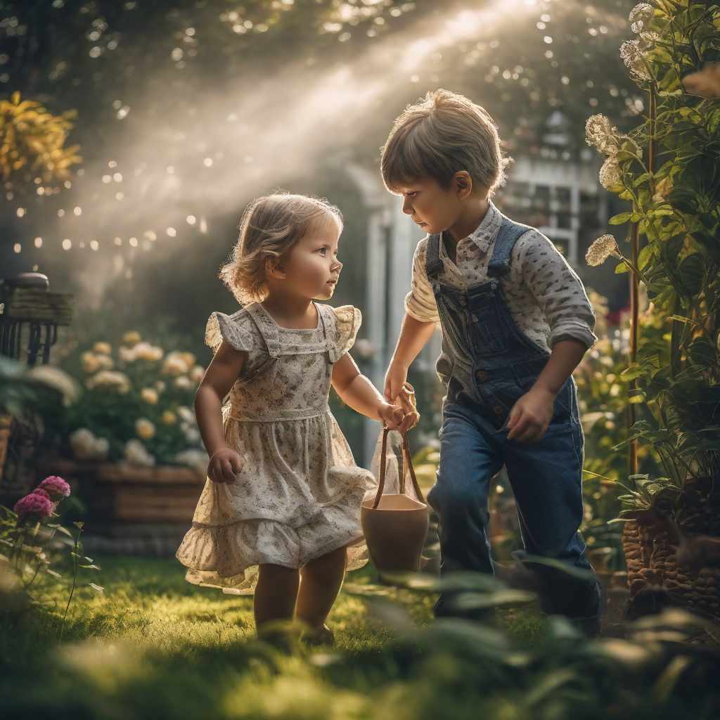  Two kids playing in the garden hyperrealistic, full body, detailed clothing, highly detailed, cinematic lighting, stunningly beautiful, intricate, sharp focus, f/1. 8, 85mm, (centered image composition), (professionally color graded), ((bright soft diffused light)), volumetric fog, trending on instagram, trending on tumblr, HDR 4K, 8K