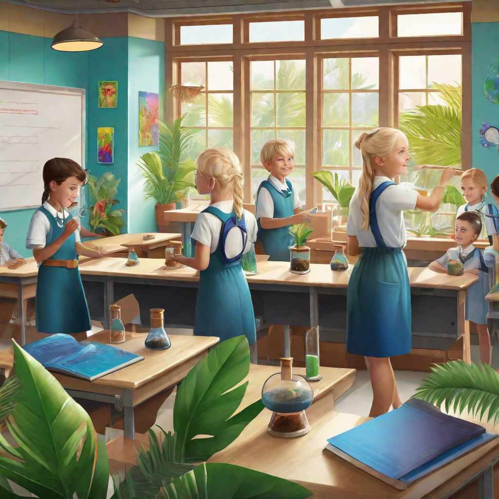  masterpiece, best quality, Science room with students doing an experiment. Teacher at the front of the room (blonde hair) (blue eyes). The classroom is tropical themed. With a window overlooking a street.