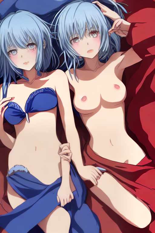  2 girls, one with light blue shoulder length hair and blue eyes (Rem), the other with brown messy shoulder length hair and brown eyes (Megumin),, high detail, textured skin, warm lighting, detailed faces, detailed fingers, womanly curves,, in bed
