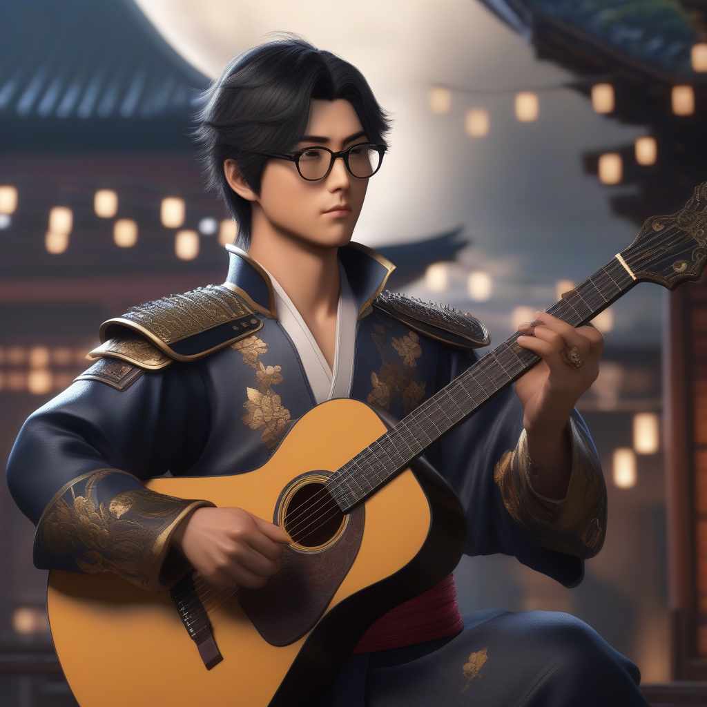  A young Japanese fantasy swordsman with short spiky dark hair and glasses wearing a swordsman uniform playing an acoustic guitar., ((masterpiece)), best quality, very detailed, high resolution, sharp, sharp image, extremely detailed, 4k, 8k