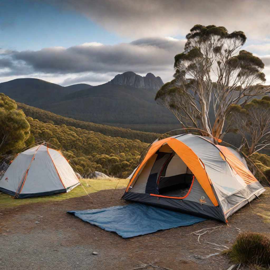  Masterpiece, best quality, parents and sons camping in Tasmania mountains
