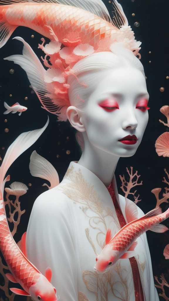  photo RAW, (Black, dark red and neon pink : Portrait of 2 ghostly long tailed white koi, woman, shiny aura, highly detailed, gold and coral filigree, intricate motifs, organic tracery, Januz Miralles, Hikari Shimoda, glowing stardust by W. Zelmer, perfect composition, smooth, sharp focus, sparkling particles, lively coral reef background Realistic, realism, hd, 35mm photograph, 8k), masterpiece, award winning photography, natural light, perfect composition, high detail, hyper realistic hyperrealistic, full body, detailed clothing, highly detailed, cinematic lighting, stunningly beautiful, intricate, sharp focus, f/1. 8, 85mm, (centered image composition), (professionally color graded), ((bright soft diffused light)), volumetric fog, trending on instagram, trending on tumblr, HDR 4K, 8K
