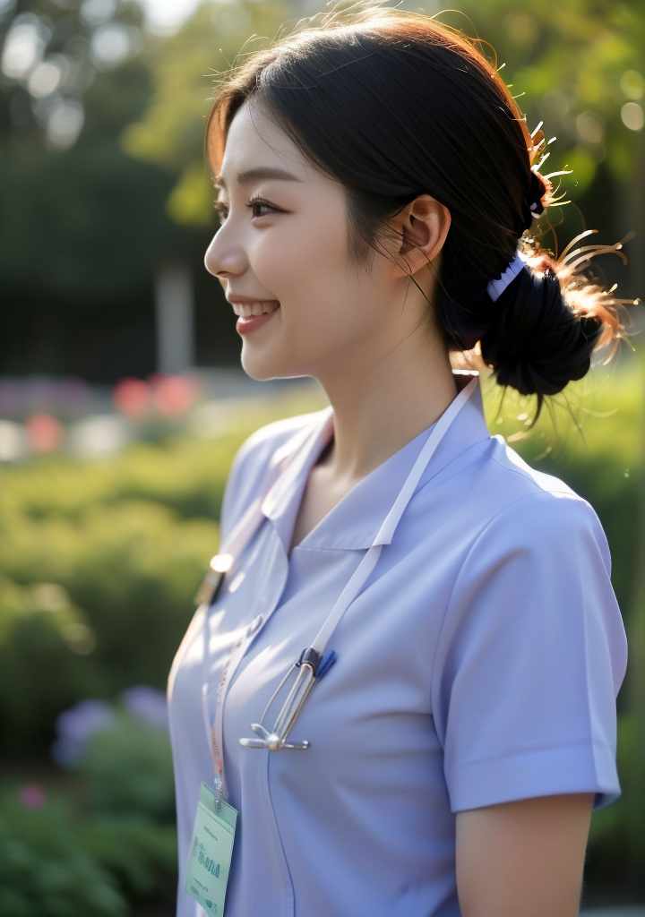  ((Young Korean nurse smiles ((sideview )) looking cheerful as she walks in the flower garden.)),(Thai Nurse,Nurse), beautiful, high quality,masterpiece,extremely detailed,high res,4k,ultra high res,detailed shadow,ultra realistic,dramatic lighting,bright light