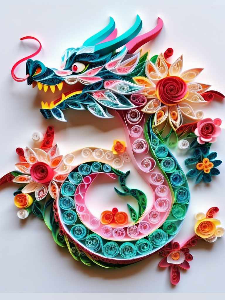  paper quilling art of New Year. Flying dragon. kawai. Flowers kawai vaporwave . intricate, delicate, curling, rolling, shaping, coiling, loops, 3D, dimensional, ornamental