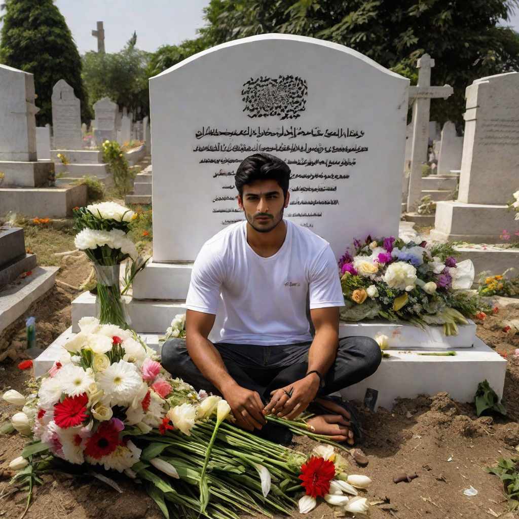  In the grave of a 23-year-old young man who died in a motorcycle accident, there is a grave with the words "Abdullah Ayaz" written on the tombstone and a grave full of flowers, and the boy sitting next to him, his best friend, is wearing a white t-shirt, on the t-shirt it says "Another Love"., hyperrealistic, full body, detailed clothing, highly detailed, cinematic lighting, stunningly beautiful, intricate, sharp focus, f/1. 8, 85mm, (centered image composition), (professionally color graded), ((bright soft diffused light)), volumetric fog, trending on instagram, trending on tumblr, HDR 4K, 8K