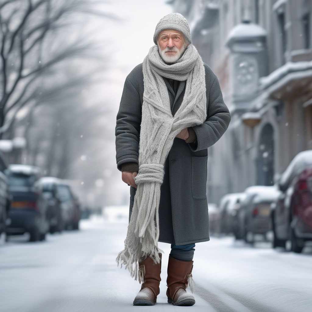  gray-haired old man wrapped in a scarf, knitted hat, frozen, boots, winter, snowy street, photography, irakli nodar, shutterstock, digital art, ultra-realistic photography in 8k format