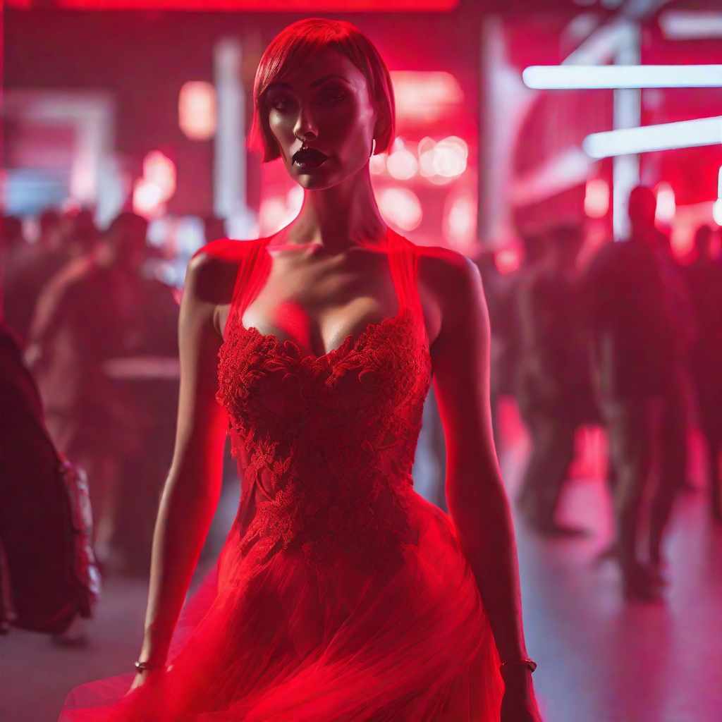  short red dress woman, neon-punk hyperrealistic, full body, detailed clothing, highly detailed, cinematic lighting, stunningly beautiful, intricate, sharp focus, f/1. 8, 85mm, (centered image composition), (professionally color graded), ((bright soft diffused light)), volumetric fog, trending on instagram, trending on tumblr, HDR 4K, 8K