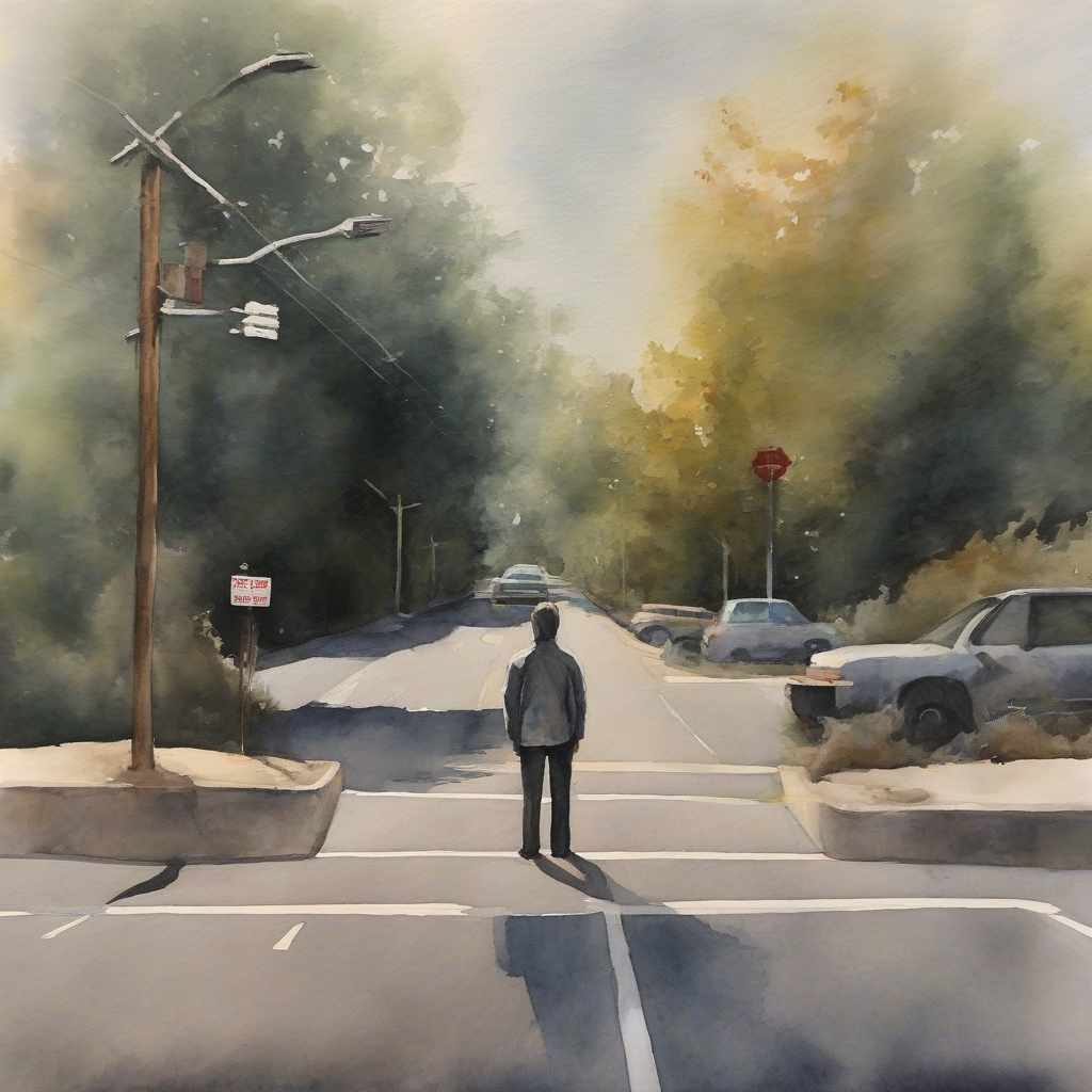  One person standing at the intersection of two roads 50% oil 50% watercolor.