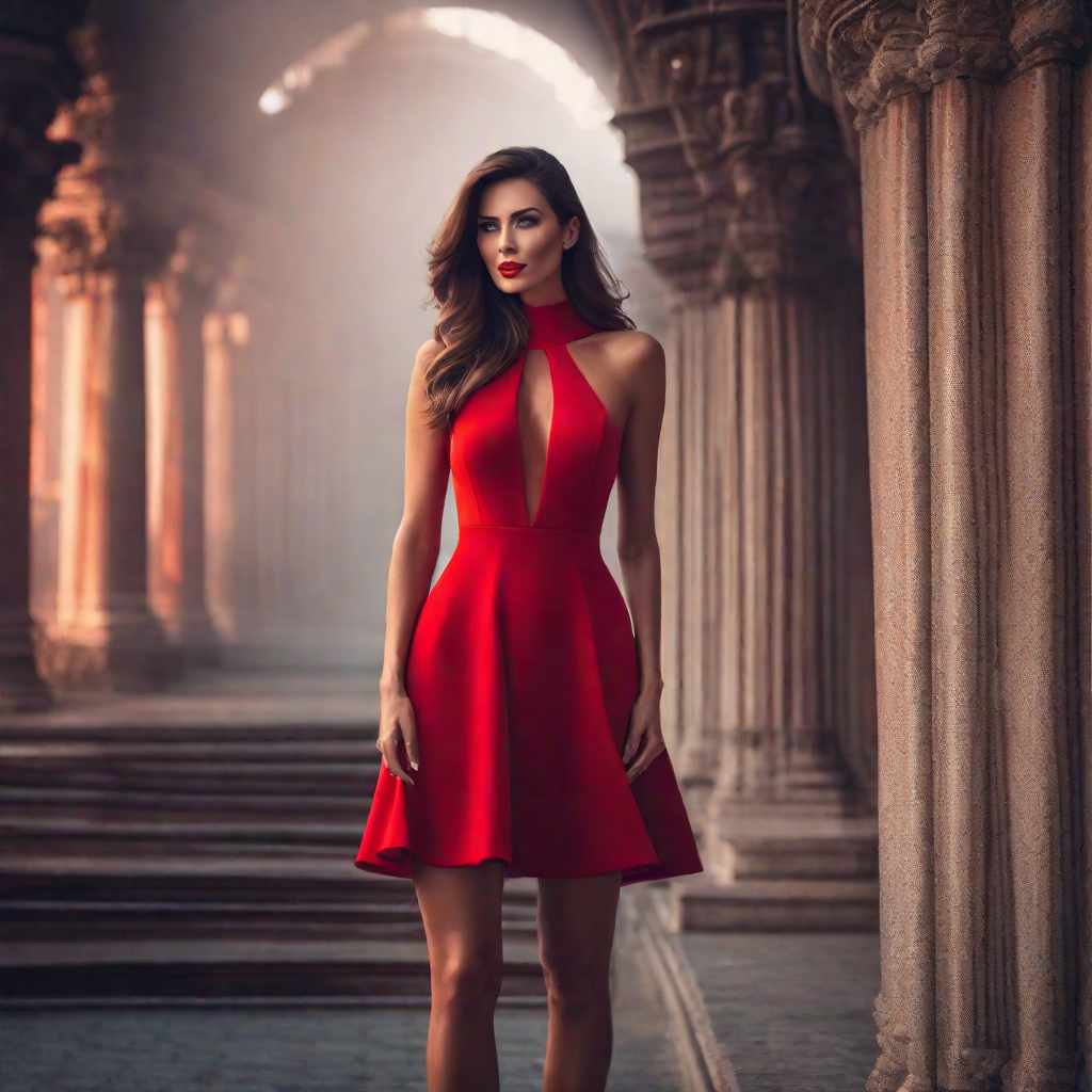  short red dress woman, hyperrealistic, full body, detailed clothing, highly detailed, cinematic lighting, stunningly beautiful, intricate, sharp focus, f/1. 8, 85mm, (centered image composition), (professionally color graded), ((bright soft diffused light)), volumetric fog, trending on instagram, trending on tumblr, HDR 4K, 8K