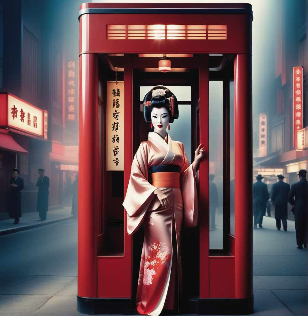  1950s Hollywood movie poster of a geisha in a phonebooth hyperrealistic, full body, detailed clothing, highly detailed, cinematic lighting, stunningly beautiful, intricate, sharp focus, f/1. 8, 85mm, (centered image composition), (professionally color graded), ((bright soft diffused light)), volumetric fog, trending on instagram, trending on tumblr, HDR 4K, 8K