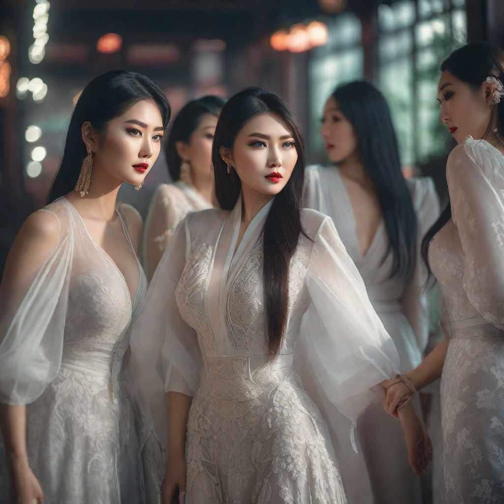  asian girls five, hyperrealistic, full body, detailed clothing, highly detailed, cinematic lighting, stunningly beautiful, intricate, sharp focus, f/1. 8, 85mm, (centered image composition), (professionally color graded), ((bright soft diffused light)), volumetric fog, trending on instagram, trending on tumblr, HDR 4K, 8K