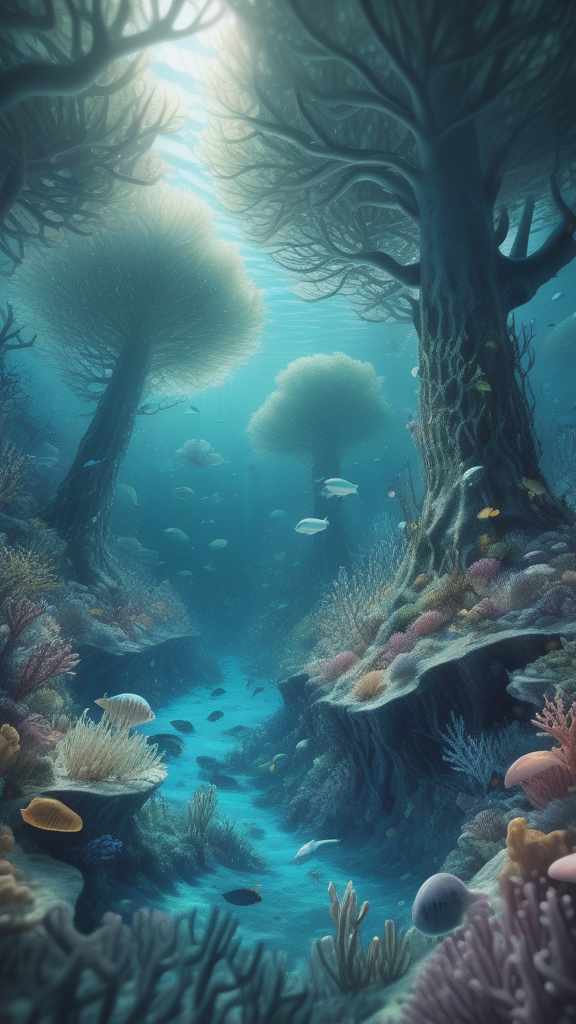 8K Ultra HD, highly detailed, super realistic, Underwater Forest, a detailed illustration depicting a mysterious forest that spreads on the seabed, a fantastic sight of trees standing in the sea and glittering creatures, Adobe Illustrator, pixiv, luminism, 3d render, octane render, Isometric, by yukisakura, awesome full color,
