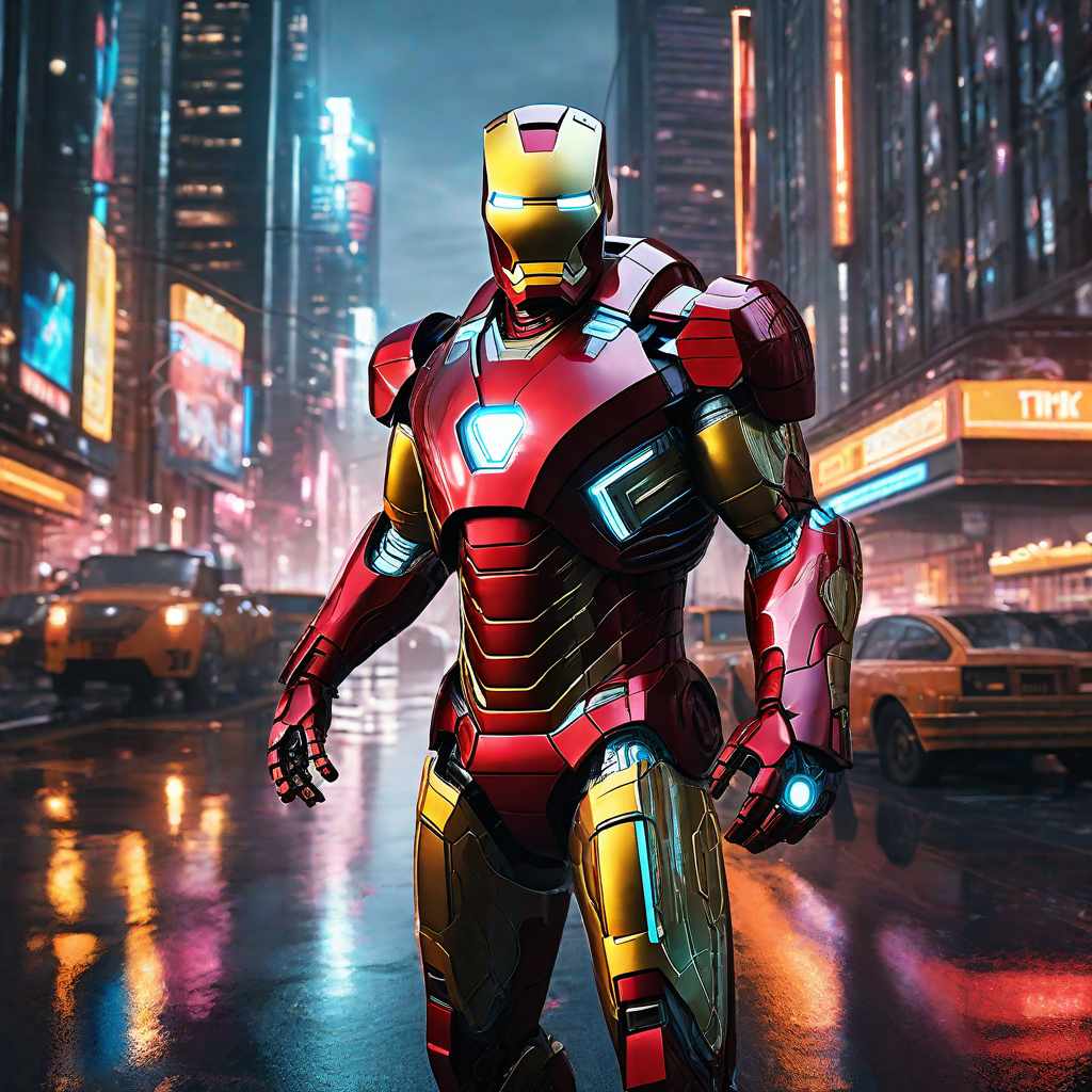  masterpiece, best quality, masterpiece, 8k resolution, realistic, highly detailed, Iron Man close-up. He stands on a street lined with tall buildings in a cyberpunk style city at night. The city's night lights are bright, and the surrounding buildings and streets are full of cyberpunk elements such as neon lights, high-tech equipment and futuristic architectural design.