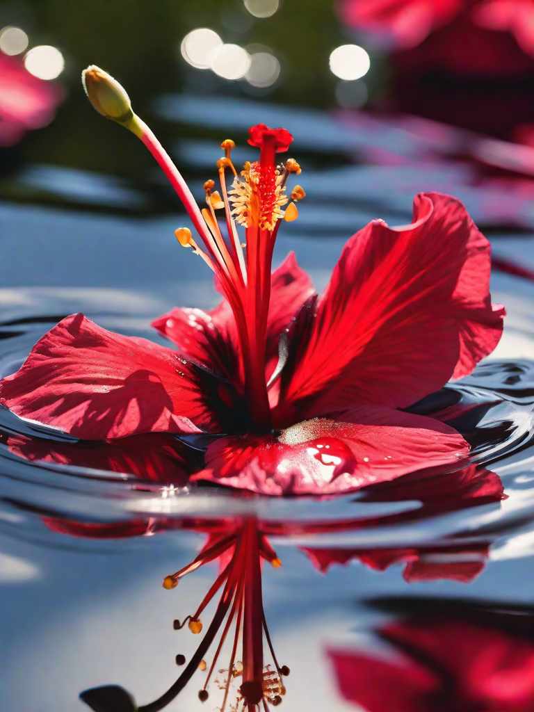  a red hibiscus flower lies in a puddle and is reflected on its surface, the sky around is blue, drops flow down the petals of the flower, detailed drawing, macro focus, realistic image, hyperrealism. soft solar magical lighting, bright rich colors hyperrealistic, full body, detailed clothing, highly detailed, cinematic lighting, stunningly beautiful, intricate, sharp focus, f/1. 8, 85mm, (centered image composition), (professionally color graded), ((bright soft diffused light)), volumetric fog, trending on instagram, trending on tumblr, HDR 4K, 8K