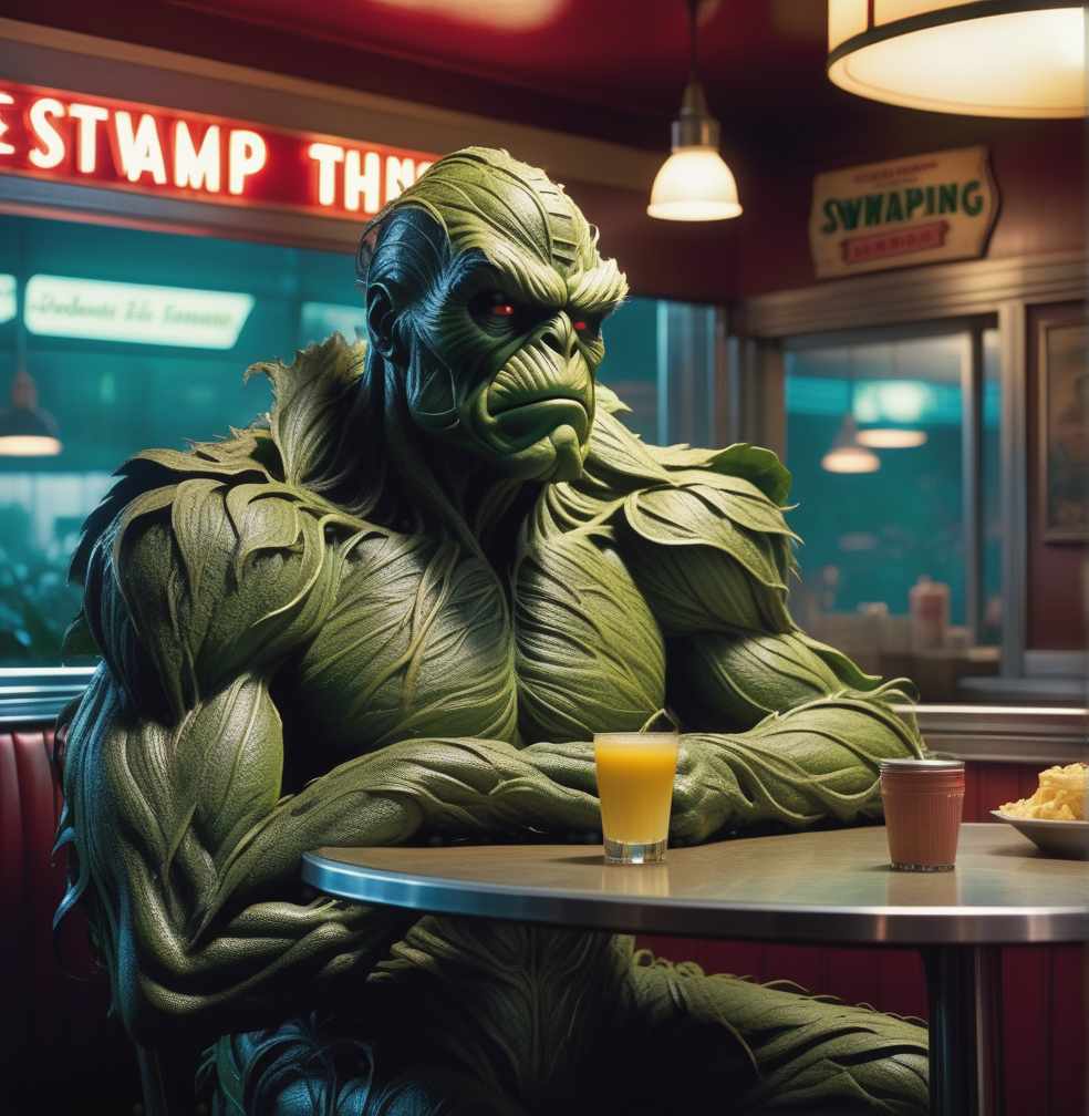 1950s Hollywood movie poster of a sad swamp thing in a diner hyperrealistic, full body, detailed clothing, highly detailed, cinematic lighting, stunningly beautiful, intricate, sharp focus, f/1. 8, 85mm, (centered image composition), (professionally color graded), ((bright soft diffused light)), volumetric fog, trending on instagram, trending on tumblr, HDR 4K, 8K