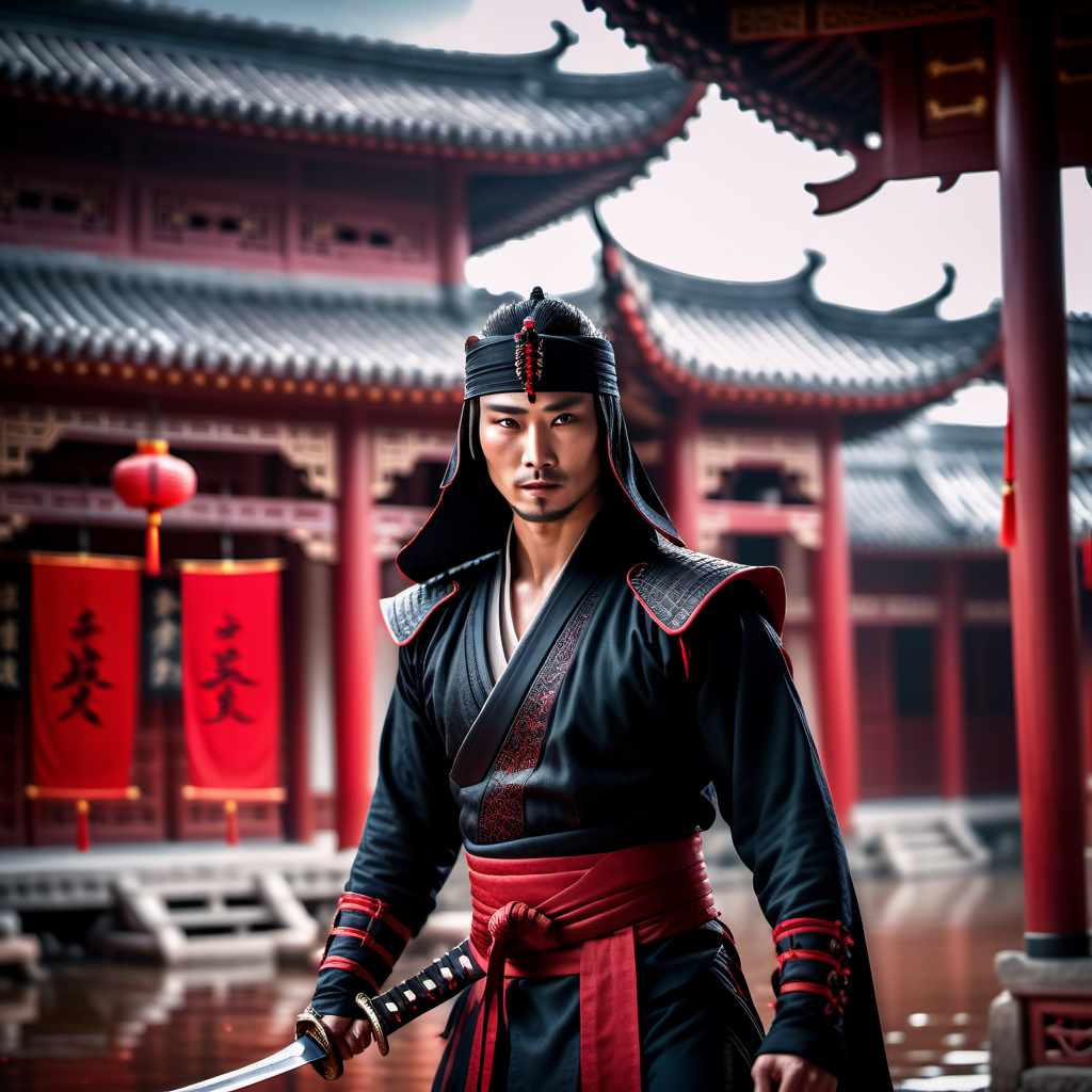  cinematic film still Assassin in Ninja Costume with Lighting Eyes and Blood-Stained Sword Stands in Front of Ancient Chinese House with Droplets of Blood Flying Around . shallow depth of field, vignette, highly detailed, high budget, bokeh, cinemascope, moody, epic, gorgeous, film grain, grainy