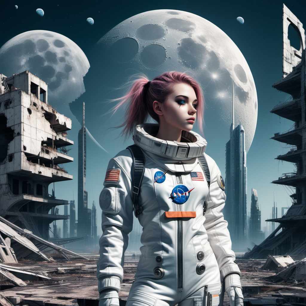  "Girl in astronaut suit on future city ruins. Behind, a fragmented moon and warship. Cyberpunk-style."